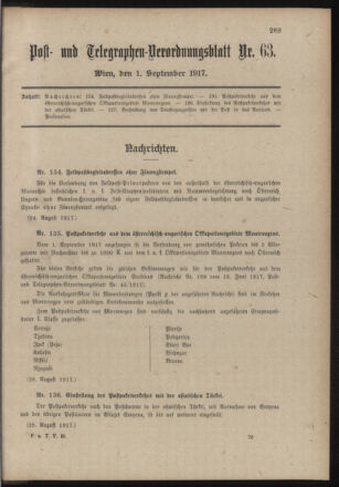 Post- und Telegraphen-Verordnungsblatt für das Verwaltungsgebiet des K.-K. Handelsministeriums 19170901 Seite: 1