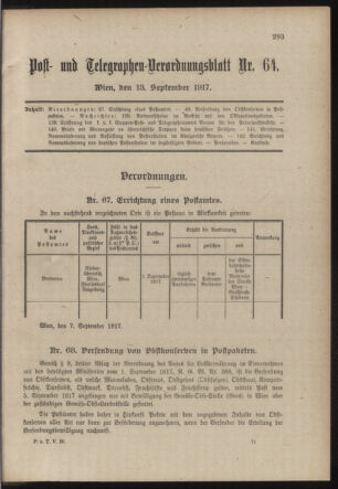 Post- und Telegraphen-Verordnungsblatt für das Verwaltungsgebiet des K.-K. Handelsministeriums 19170913 Seite: 1