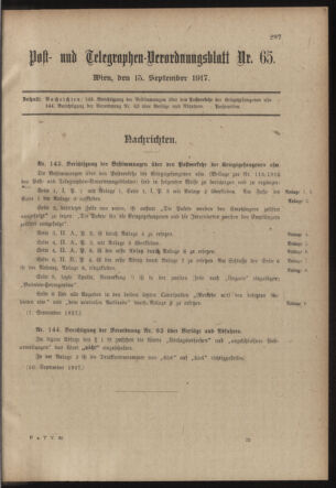 Post- und Telegraphen-Verordnungsblatt für das Verwaltungsgebiet des K.-K. Handelsministeriums 19170915 Seite: 1