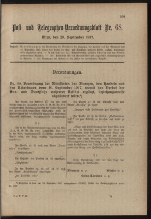 Post- und Telegraphen-Verordnungsblatt für das Verwaltungsgebiet des K.-K. Handelsministeriums 19170928 Seite: 1