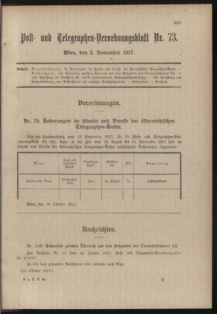 Post- und Telegraphen-Verordnungsblatt für das Verwaltungsgebiet des K.-K. Handelsministeriums 19171102 Seite: 1