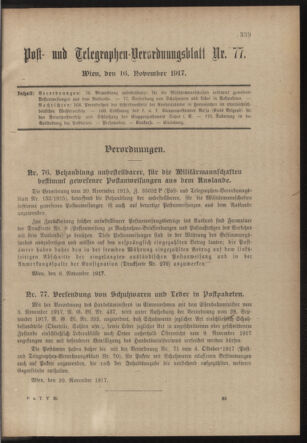 Post- und Telegraphen-Verordnungsblatt für das Verwaltungsgebiet des K.-K. Handelsministeriums 19171116 Seite: 1