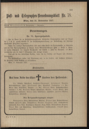 Post- und Telegraphen-Verordnungsblatt für das Verwaltungsgebiet des K.-K. Handelsministeriums 19171121 Seite: 1