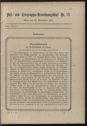 Post- und Telegraphen-Verordnungsblatt für das Verwaltungsgebiet des K.-K. Handelsministeriums 19171123 Seite: 1