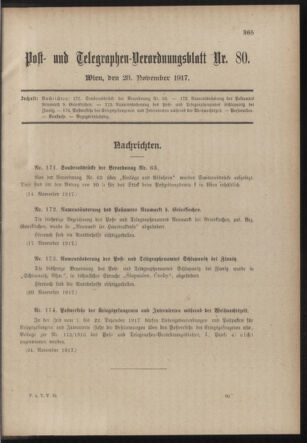 Post- und Telegraphen-Verordnungsblatt für das Verwaltungsgebiet des K.-K. Handelsministeriums 19171128 Seite: 1