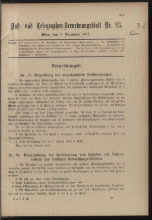 Post- und Telegraphen-Verordnungsblatt für das Verwaltungsgebiet des K.-K. Handelsministeriums 19171207 Seite: 1