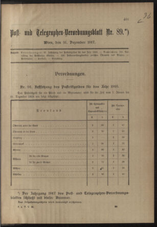 Post- und Telegraphen-Verordnungsblatt für das Verwaltungsgebiet des K.-K. Handelsministeriums 19171231 Seite: 1