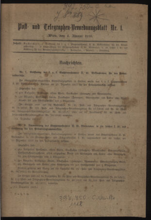 Post- und Telegraphen-Verordnungsblatt für das Verwaltungsgebiet des K.-K. Handelsministeriums 19180104 Seite: 1