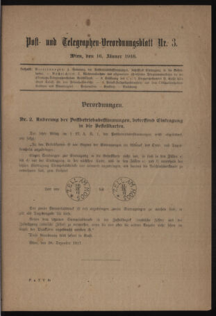 Post- und Telegraphen-Verordnungsblatt für das Verwaltungsgebiet des K.-K. Handelsministeriums 19180116 Seite: 1