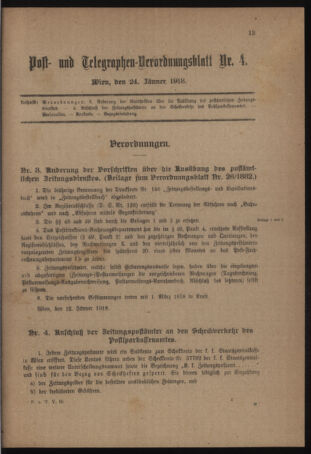 Post- und Telegraphen-Verordnungsblatt für das Verwaltungsgebiet des K.-K. Handelsministeriums 19180124 Seite: 1