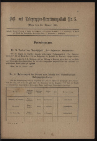 Post- und Telegraphen-Verordnungsblatt für das Verwaltungsgebiet des K.-K. Handelsministeriums 19180124 Seite: 13