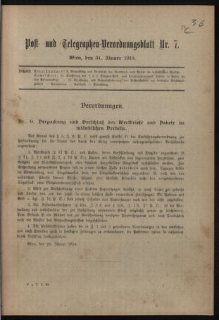 Post- und Telegraphen-Verordnungsblatt für das Verwaltungsgebiet des K.-K. Handelsministeriums 19180131 Seite: 1