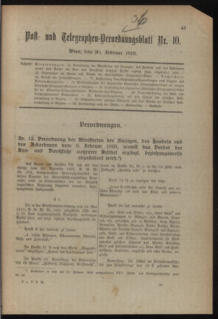 Post- und Telegraphen-Verordnungsblatt für das Verwaltungsgebiet des K.-K. Handelsministeriums 19180220 Seite: 1