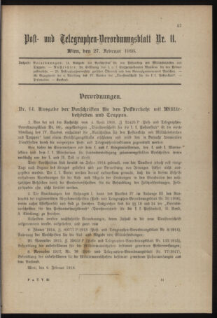 Post- und Telegraphen-Verordnungsblatt für das Verwaltungsgebiet des K.-K. Handelsministeriums 19180227 Seite: 1