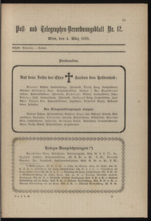 Post- und Telegraphen-Verordnungsblatt für das Verwaltungsgebiet des K.-K. Handelsministeriums 19180304 Seite: 1