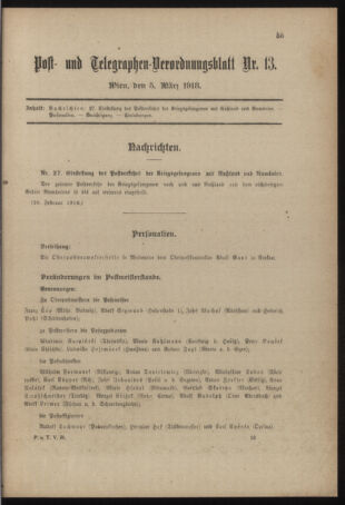 Post- und Telegraphen-Verordnungsblatt für das Verwaltungsgebiet des K.-K. Handelsministeriums 19180305 Seite: 1