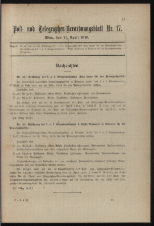 Post- und Telegraphen-Verordnungsblatt für das Verwaltungsgebiet des K.-K. Handelsministeriums 19180411 Seite: 1