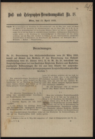 Post- und Telegraphen-Verordnungsblatt für das Verwaltungsgebiet des K.-K. Handelsministeriums 19180413 Seite: 1