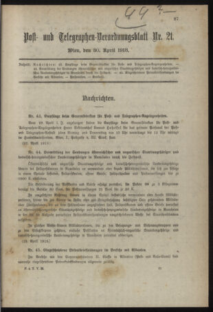 Post- und Telegraphen-Verordnungsblatt für das Verwaltungsgebiet des K.-K. Handelsministeriums 19180430 Seite: 1