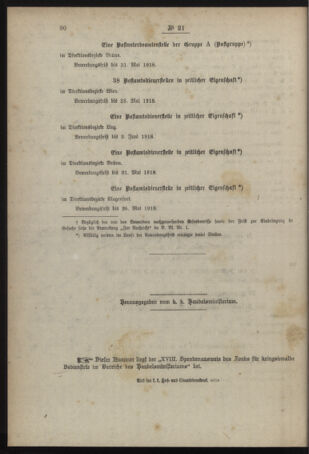 Post- und Telegraphen-Verordnungsblatt für das Verwaltungsgebiet des K.-K. Handelsministeriums 19180430 Seite: 12