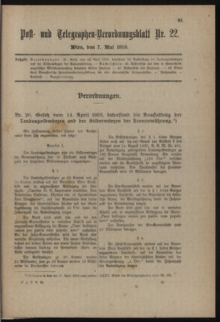 Post- und Telegraphen-Verordnungsblatt für das Verwaltungsgebiet des K.-K. Handelsministeriums 19180507 Seite: 1