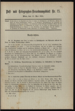 Post- und Telegraphen-Verordnungsblatt für das Verwaltungsgebiet des K.-K. Handelsministeriums 19180515 Seite: 1