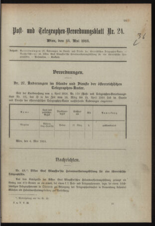 Post- und Telegraphen-Verordnungsblatt für das Verwaltungsgebiet des K.-K. Handelsministeriums 19180518 Seite: 1