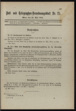 Post- und Telegraphen-Verordnungsblatt für das Verwaltungsgebiet des K.-K. Handelsministeriums 19180523 Seite: 1