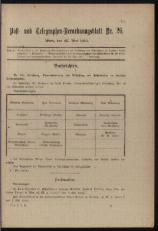 Post- und Telegraphen-Verordnungsblatt für das Verwaltungsgebiet des K.-K. Handelsministeriums 19180525 Seite: 1