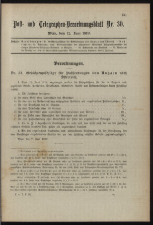 Post- und Telegraphen-Verordnungsblatt für das Verwaltungsgebiet des K.-K. Handelsministeriums 19180612 Seite: 1