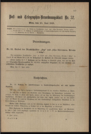 Post- und Telegraphen-Verordnungsblatt für das Verwaltungsgebiet des K.-K. Handelsministeriums 19180620 Seite: 1