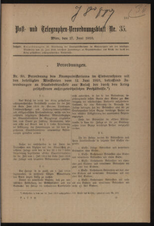 Post- und Telegraphen-Verordnungsblatt für das Verwaltungsgebiet des K.-K. Handelsministeriums 19180627 Seite: 1