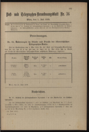 Post- und Telegraphen-Verordnungsblatt für das Verwaltungsgebiet des K.-K. Handelsministeriums 19180701 Seite: 1