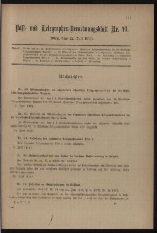 Post- und Telegraphen-Verordnungsblatt für das Verwaltungsgebiet des K.-K. Handelsministeriums 19180722 Seite: 1