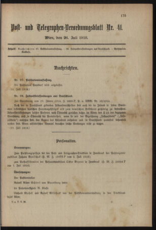 Post- und Telegraphen-Verordnungsblatt für das Verwaltungsgebiet des K.-K. Handelsministeriums 19180726 Seite: 1