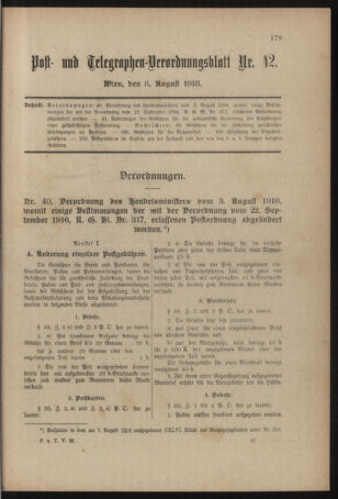 Post- und Telegraphen-Verordnungsblatt für das Verwaltungsgebiet des K.-K. Handelsministeriums 19180808 Seite: 1