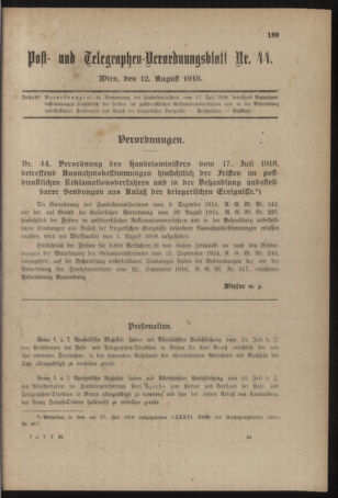 Post- und Telegraphen-Verordnungsblatt für das Verwaltungsgebiet des K.-K. Handelsministeriums 19180812 Seite: 1