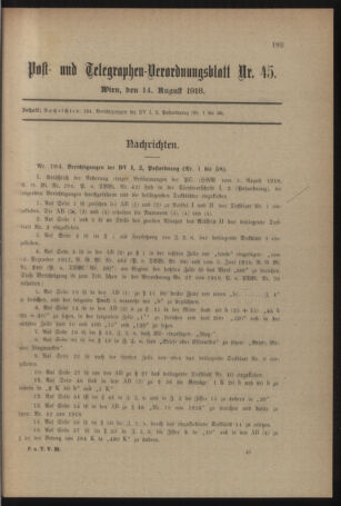 Post- und Telegraphen-Verordnungsblatt für das Verwaltungsgebiet des K.-K. Handelsministeriums 19180814 Seite: 1