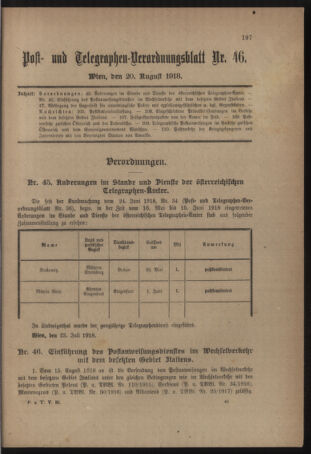 Post- und Telegraphen-Verordnungsblatt für das Verwaltungsgebiet des K.-K. Handelsministeriums 19180820 Seite: 1