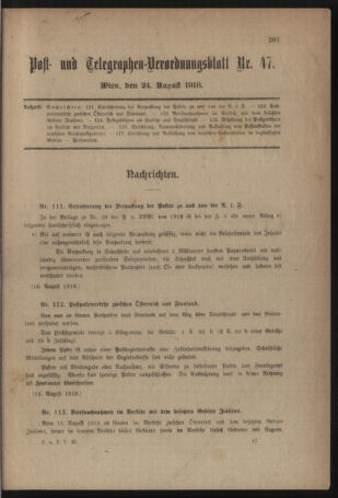 Post- und Telegraphen-Verordnungsblatt für das Verwaltungsgebiet des K.-K. Handelsministeriums 19180824 Seite: 1