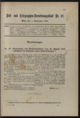 Post- und Telegraphen-Verordnungsblatt für das Verwaltungsgebiet des K.-K. Handelsministeriums 19180901 Seite: 1