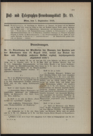 Post- und Telegraphen-Verordnungsblatt für das Verwaltungsgebiet des K.-K. Handelsministeriums 19180907 Seite: 1