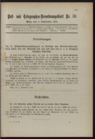 Post- und Telegraphen-Verordnungsblatt für das Verwaltungsgebiet des K.-K. Handelsministeriums 19180909 Seite: 1