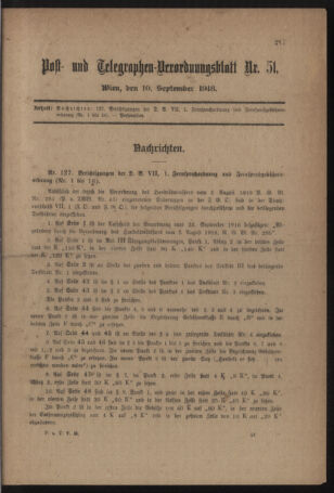 Post- und Telegraphen-Verordnungsblatt für das Verwaltungsgebiet des K.-K. Handelsministeriums 19180910 Seite: 1