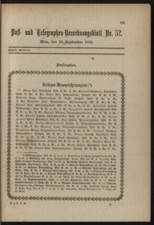 Post- und Telegraphen-Verordnungsblatt für das Verwaltungsgebiet des K.-K. Handelsministeriums 19180913 Seite: 1