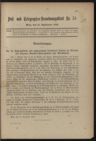 Post- und Telegraphen-Verordnungsblatt für das Verwaltungsgebiet des K.-K. Handelsministeriums 19180921 Seite: 1