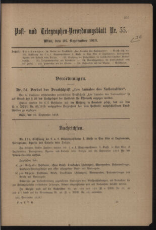 Post- und Telegraphen-Verordnungsblatt für das Verwaltungsgebiet des K.-K. Handelsministeriums 19180928 Seite: 1