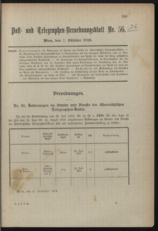 Post- und Telegraphen-Verordnungsblatt für das Verwaltungsgebiet des K.-K. Handelsministeriums 19181007 Seite: 1