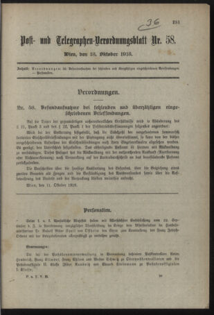 Post- und Telegraphen-Verordnungsblatt für das Verwaltungsgebiet des K.-K. Handelsministeriums 19181018 Seite: 1