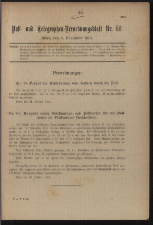 Post- und Telegraphen-Verordnungsblatt für das Verwaltungsgebiet des K.-K. Handelsministeriums 19181106 Seite: 1